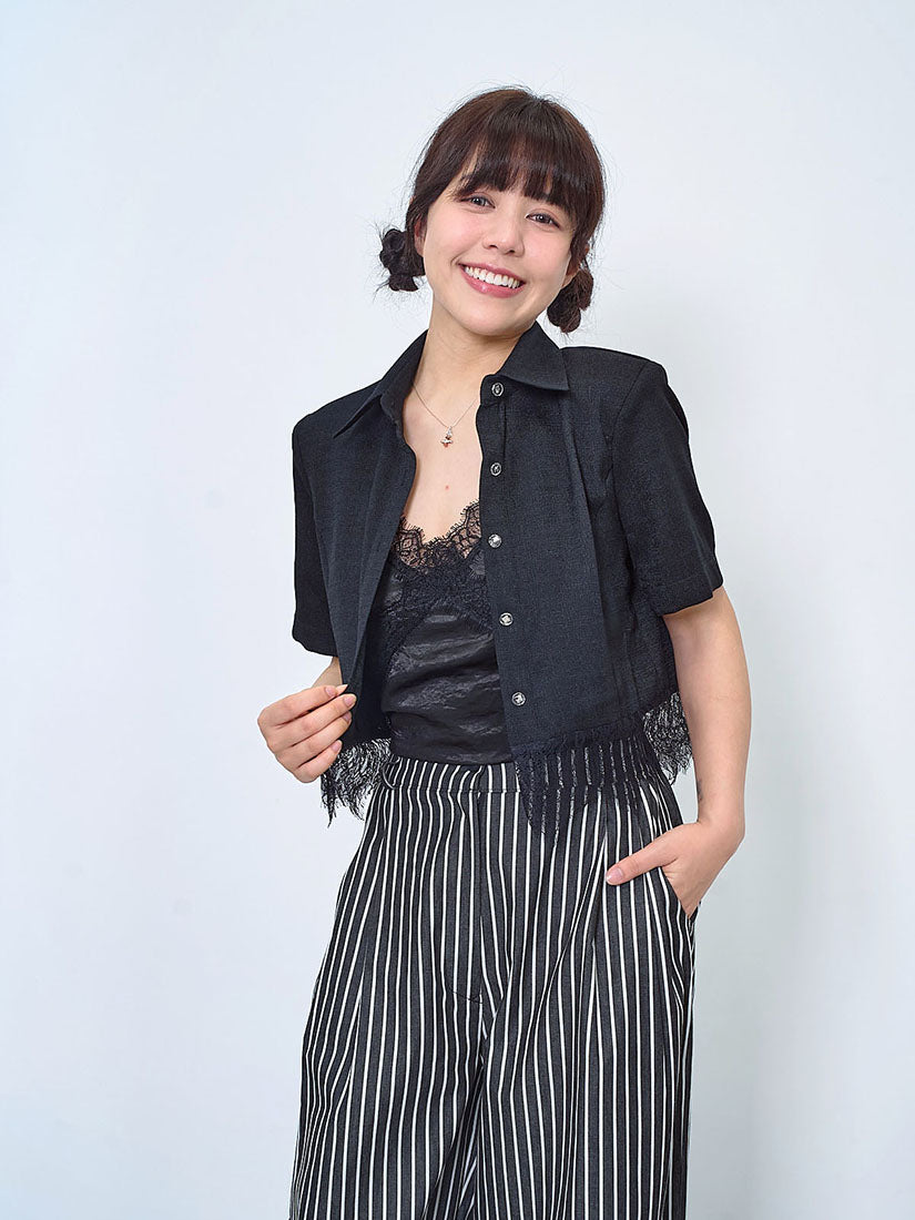 Lace Hem Tweed Crop Outer Shirt (2 Colours)