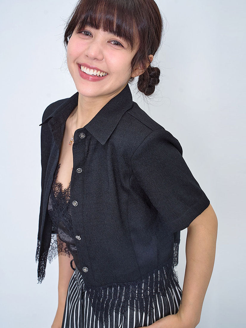 Lace Hem Tweed Crop Outer Shirt (2 Colours)