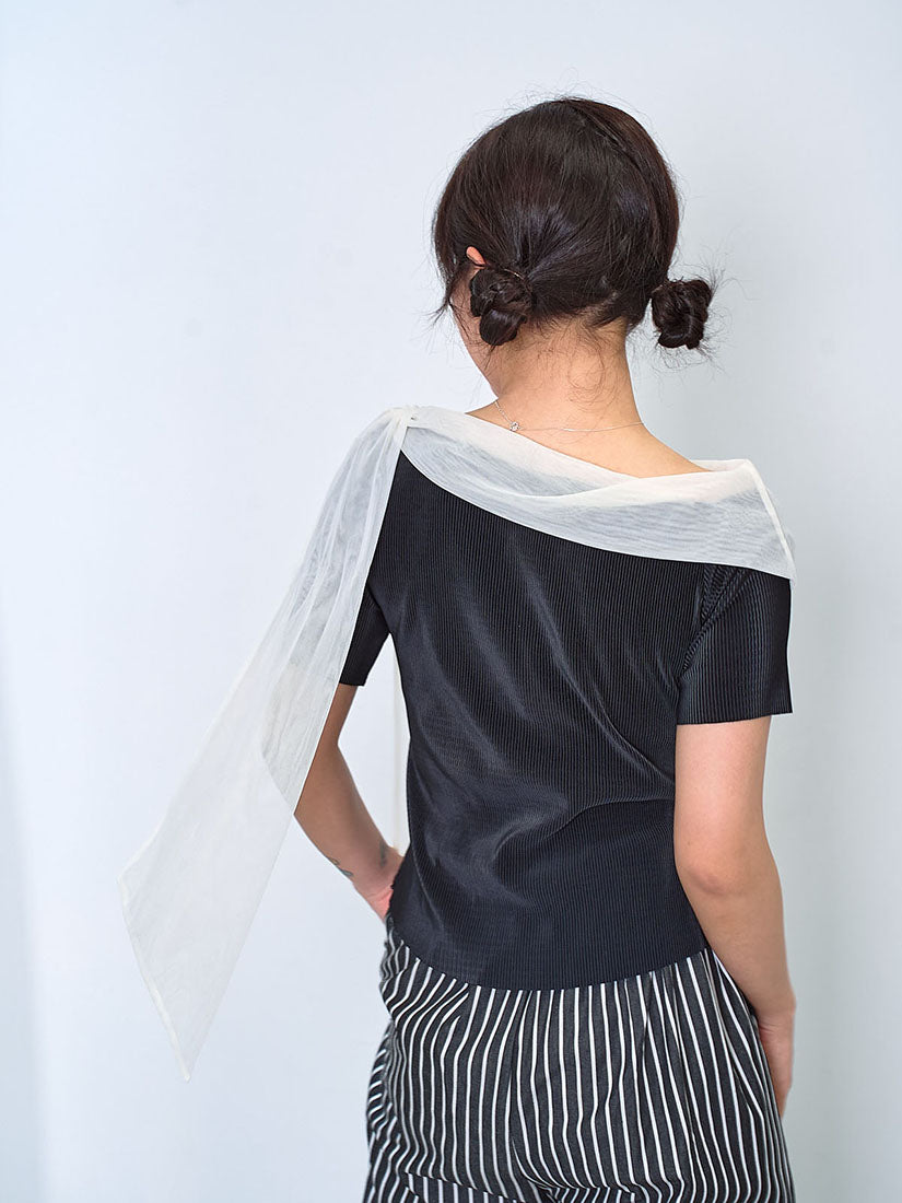 One-Shoulder Scarf Neck Rib Top