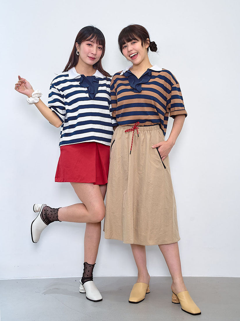 Polo Neck Ruffle Placket Striped Top (2 Colours)