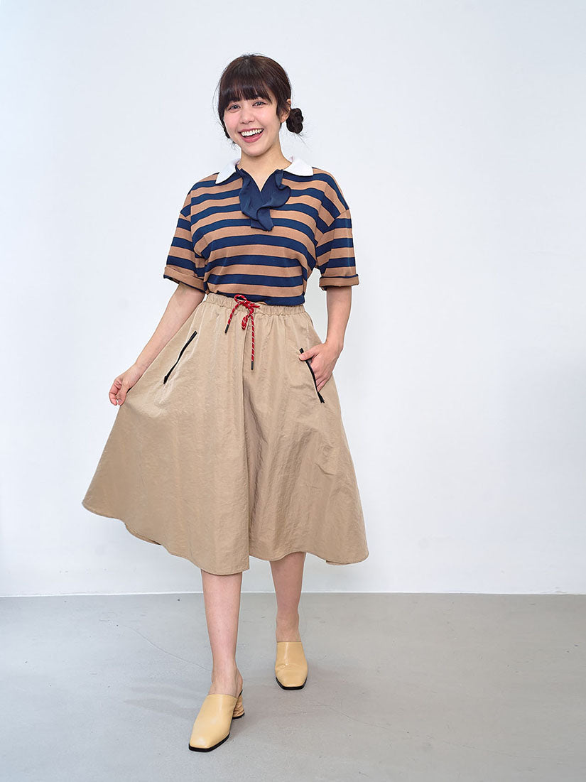Polo Neck Ruffle Placket Striped Top (2 Colours)