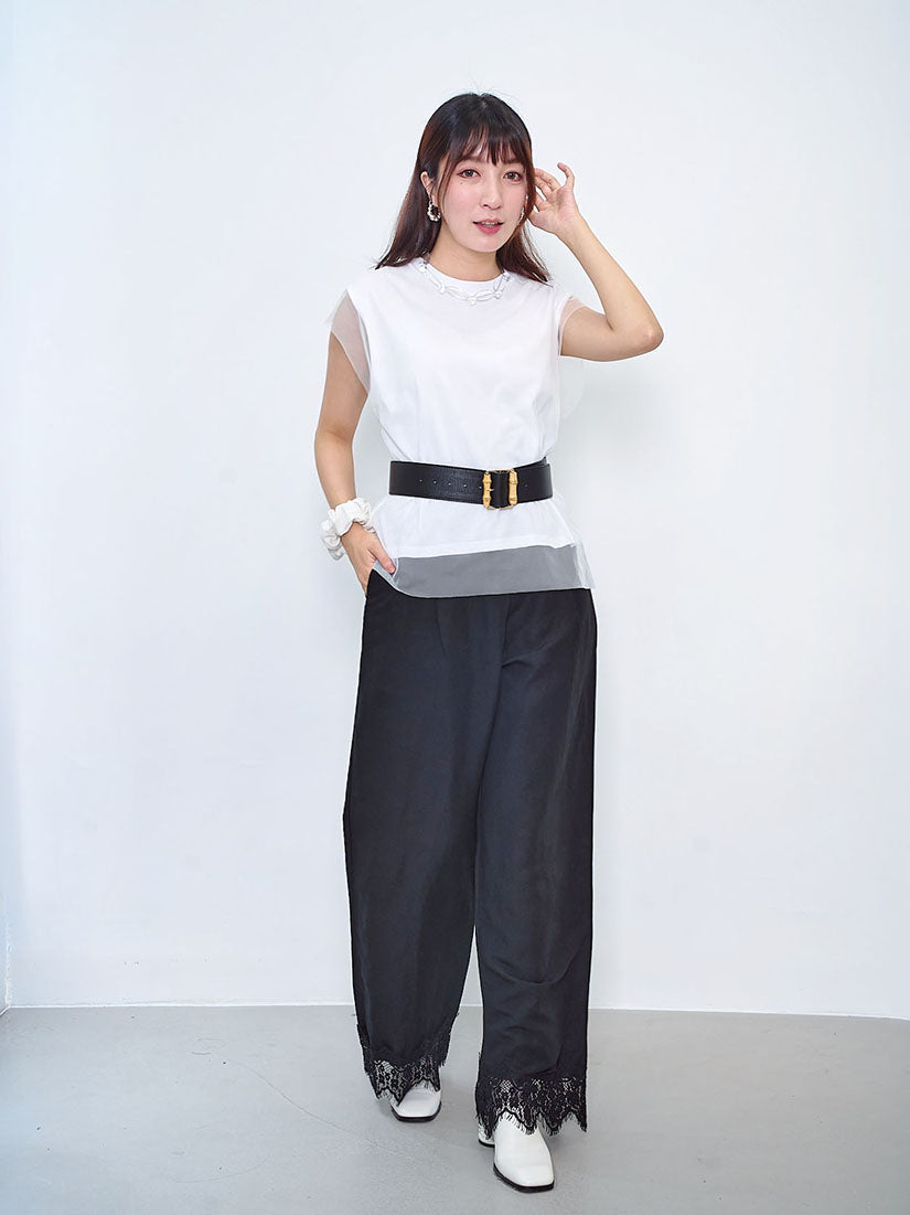 Lace Hem Linen Touch Wide Leg Pants (2 Colours)
