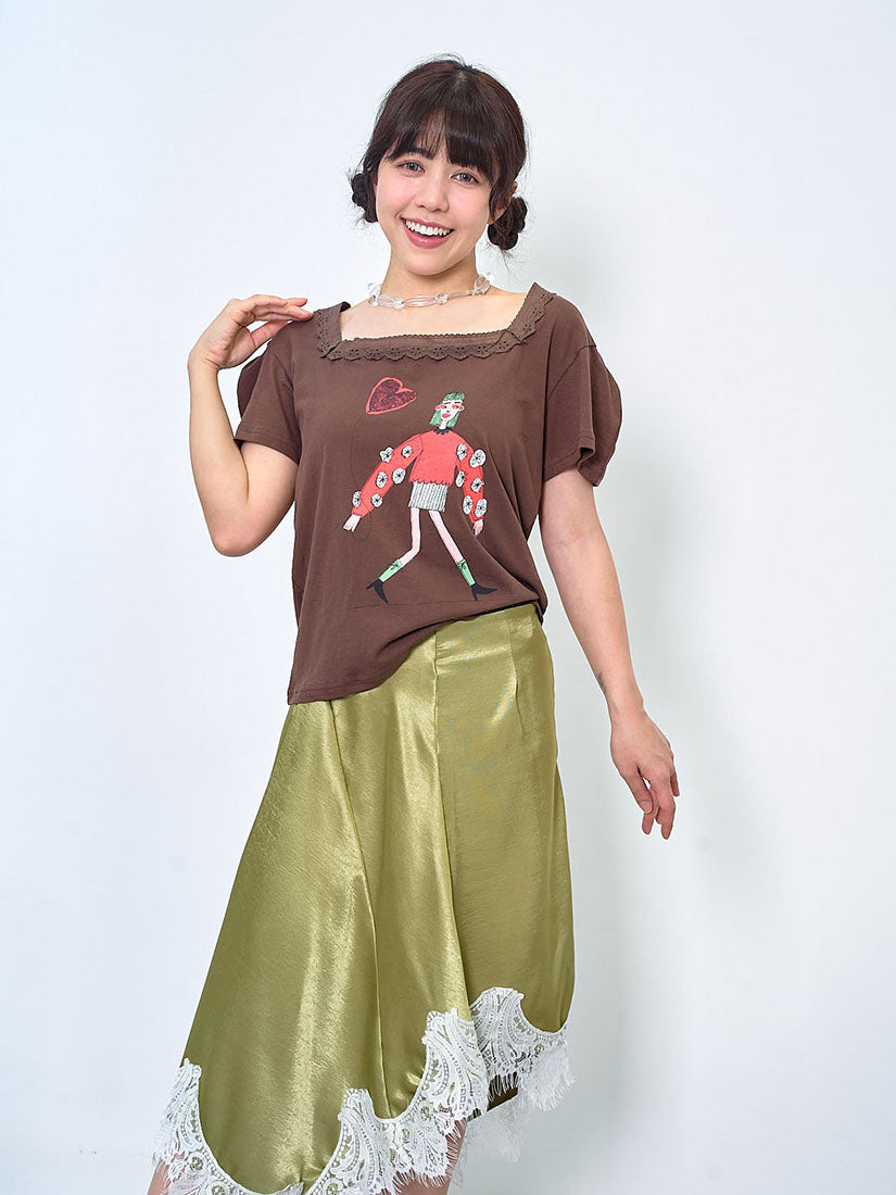 Lace Trim Square Neck Lady Printed Tee (2 Colours)