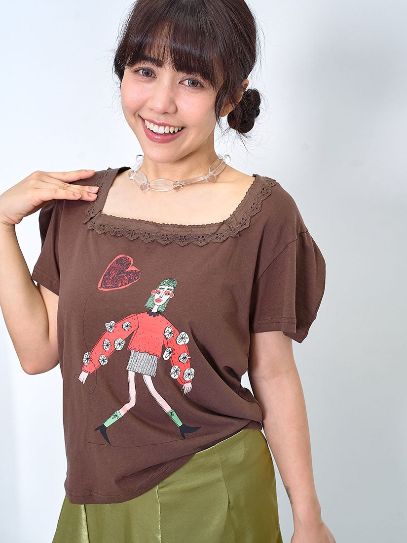 Lace Trim Square Neck Lady Printed Tee (2 Colours)