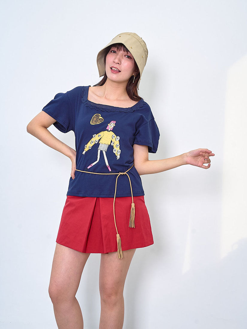 Lace Trim Square Neck Lady Printed Tee (2 Colours)