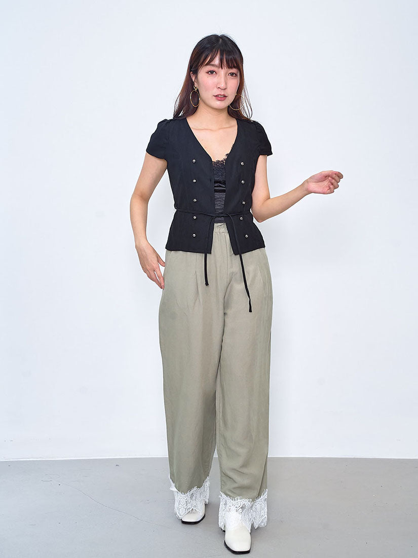 Lace Hem Linen Touch Wide Leg Pants (2 Colours)