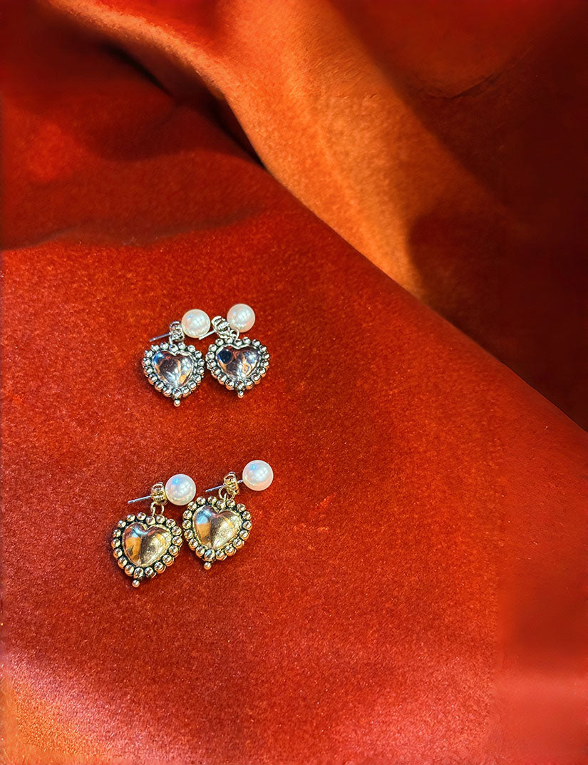 Metallic Heart Pearl Earrings (2 Colours)