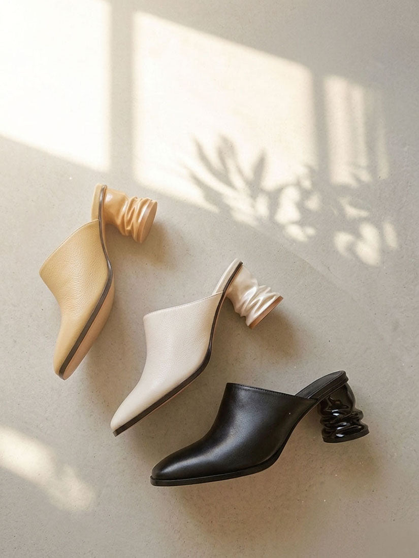 Crushed Soda Can Heel Leather Mules (3 Colours)