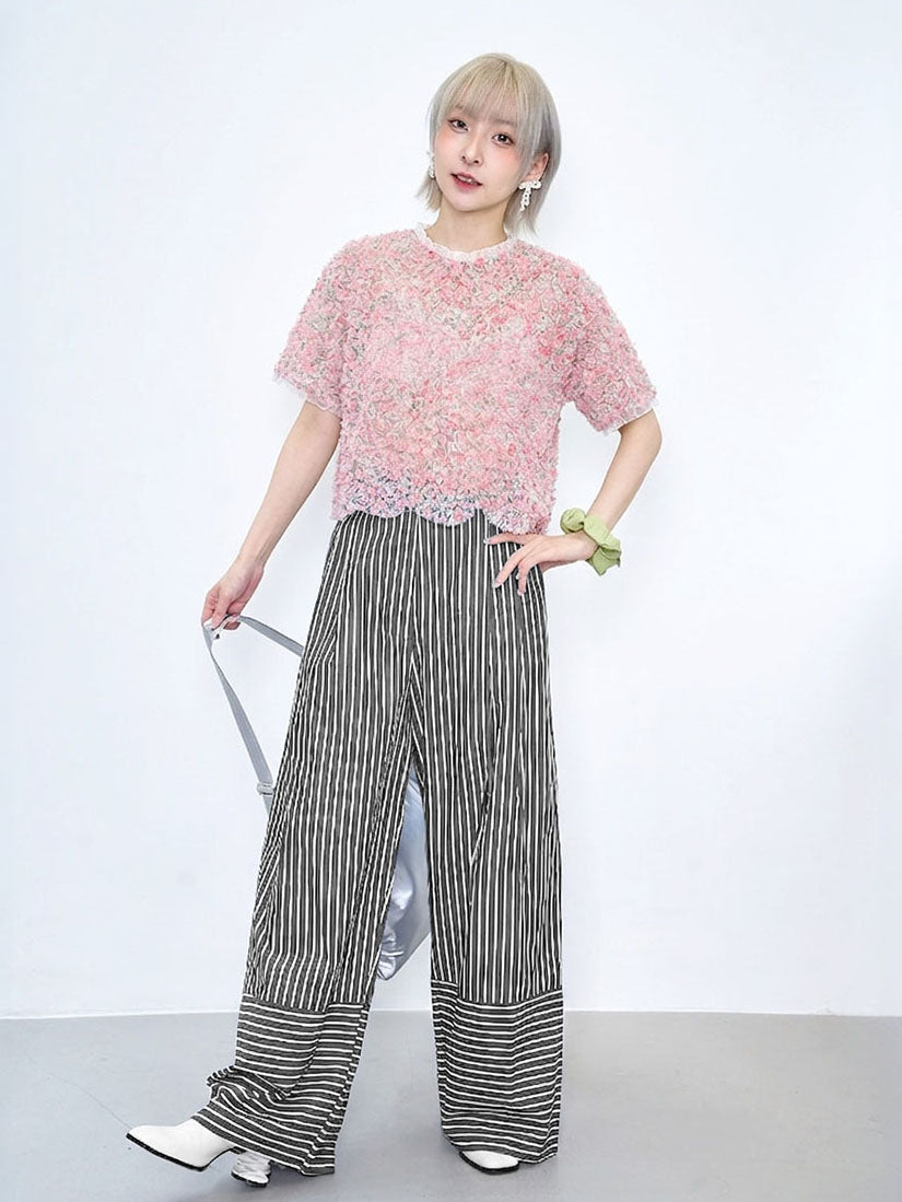 High Cuff Striped Wide Leg Pants (2 Colours)
