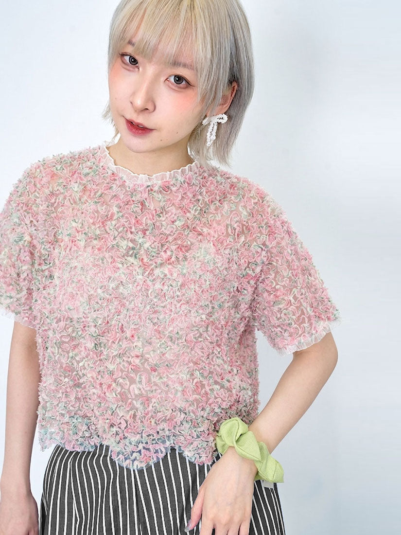 Floral Ruffle Textured Mesh Crop Top (2 Colours)